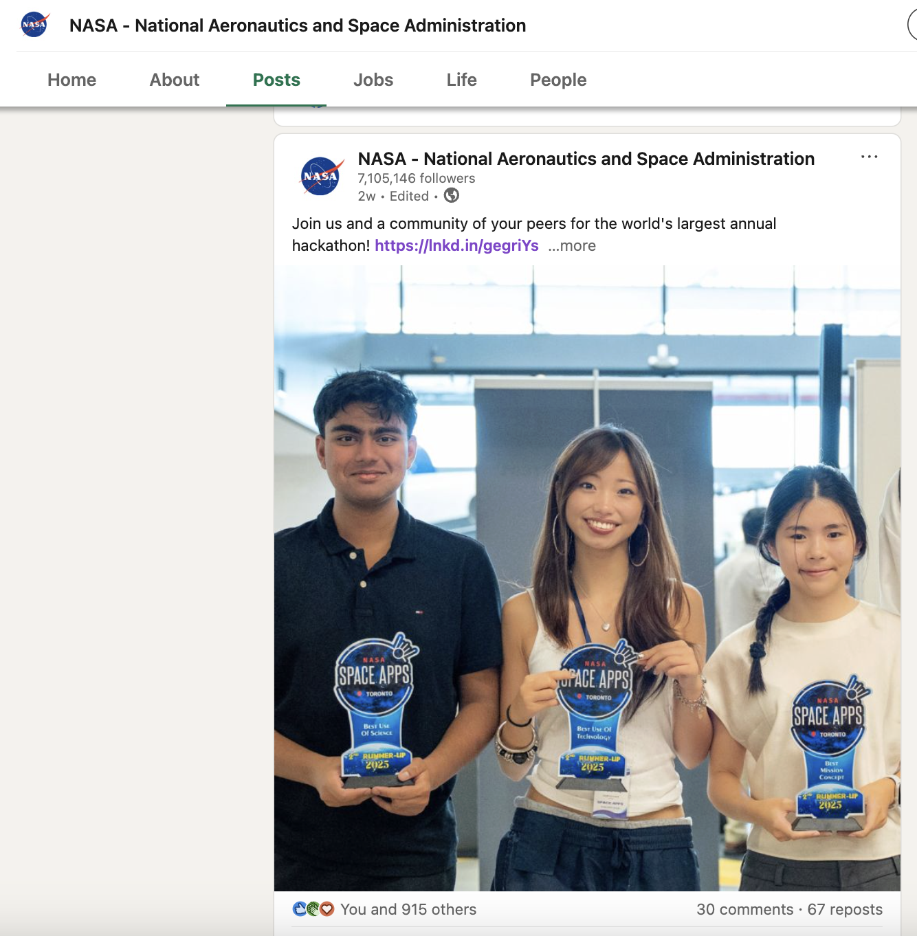 NASA LinkedIn post featuring the NASA Space Apps Toronto 2025 Best Use of Technology winning team